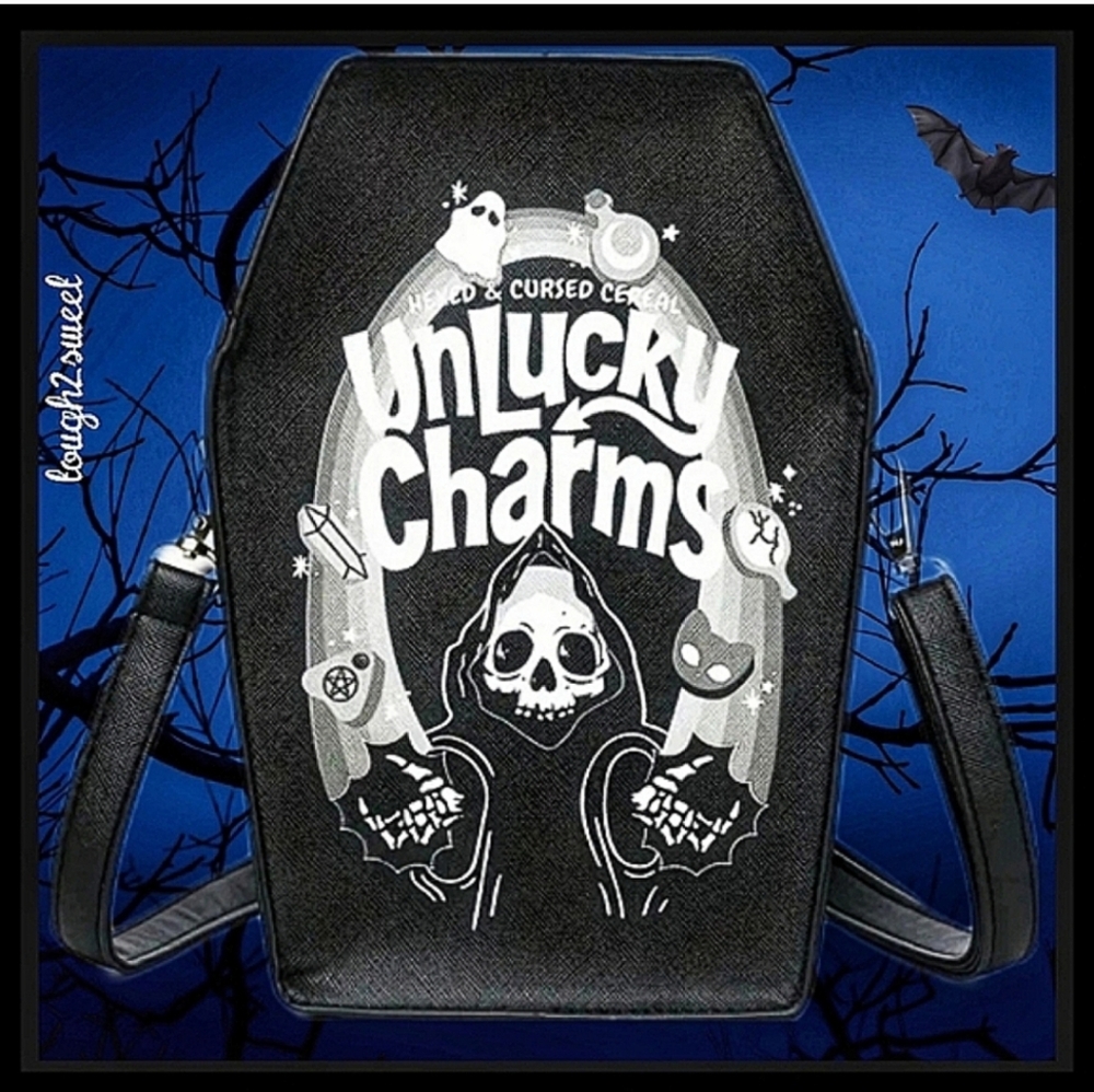 BLACK UNLUCKY CHARMS CEREAL GOTH COFFIN ZIPPERED CROSSBODY BAG
